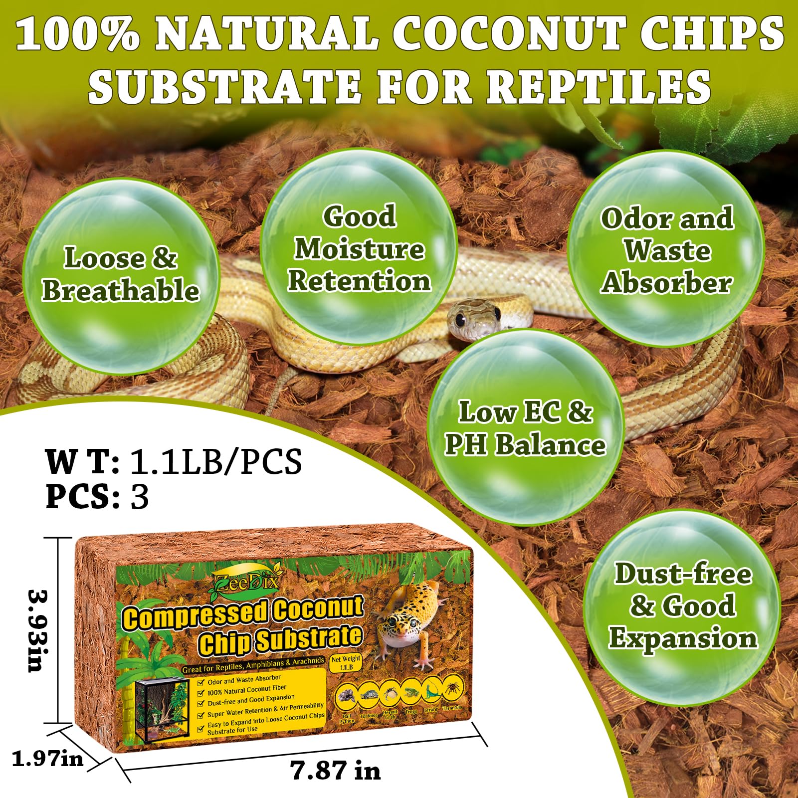 Zeedix 3Pcs Natural Coconut Chips Substrate For Reptiles, Coconut Fiber Husk Reptiles Bedding, Compressed Coco Chips Substrate F